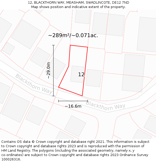 12, BLACKTHORN WAY, MEASHAM, SWADLINCOTE, DE12 7ND: Plot and title map