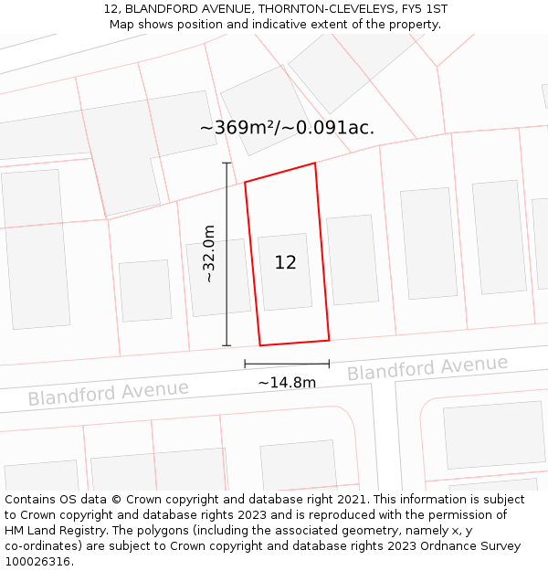 12, BLANDFORD AVENUE, THORNTON-CLEVELEYS, FY5 1ST: Plot and title map