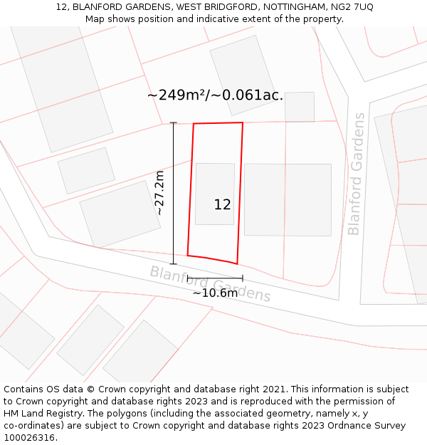 12, BLANFORD GARDENS, WEST BRIDGFORD, NOTTINGHAM, NG2 7UQ: Plot and title map