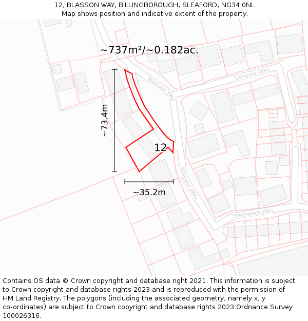 12, BLASSON WAY, BILLINGBOROUGH, SLEAFORD, NG34 0NL: Plot and title map