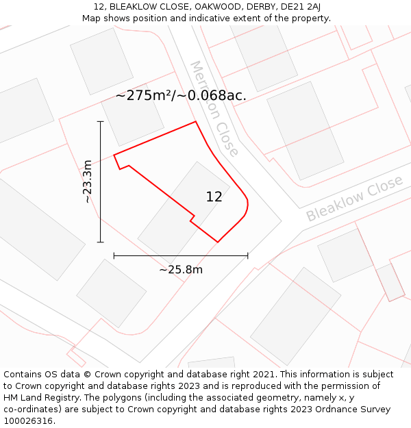 12, BLEAKLOW CLOSE, OAKWOOD, DERBY, DE21 2AJ: Plot and title map