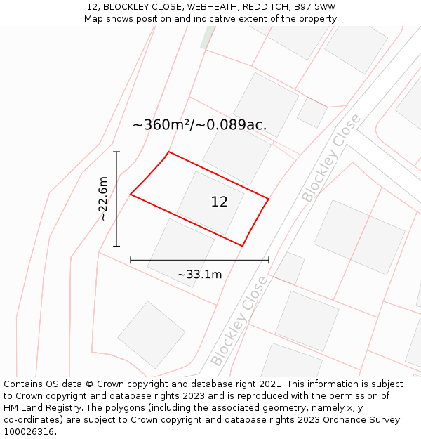 12, BLOCKLEY CLOSE, WEBHEATH, REDDITCH, B97 5WW: Plot and title map