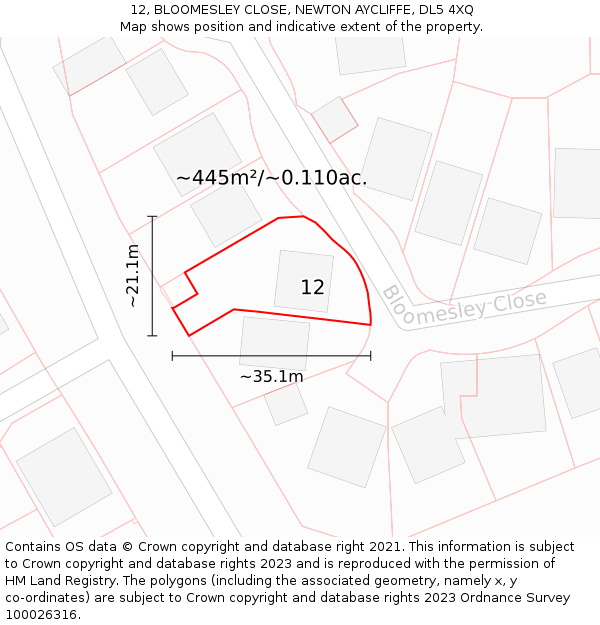 12, BLOOMESLEY CLOSE, NEWTON AYCLIFFE, DL5 4XQ: Plot and title map