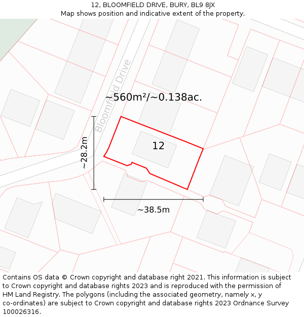 12, BLOOMFIELD DRIVE, BURY, BL9 8JX: Plot and title map