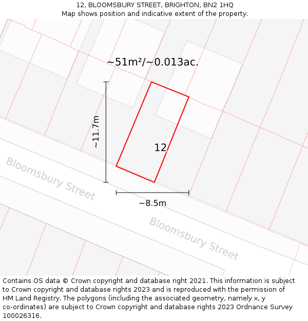 12, BLOOMSBURY STREET, BRIGHTON, BN2 1HQ: Plot and title map