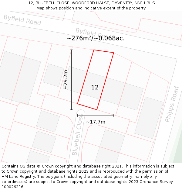 12, BLUEBELL CLOSE, WOODFORD HALSE, DAVENTRY, NN11 3HS: Plot and title map