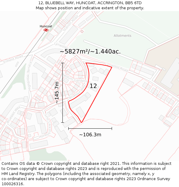 12, BLUEBELL WAY, HUNCOAT, ACCRINGTON, BB5 6TD: Plot and title map