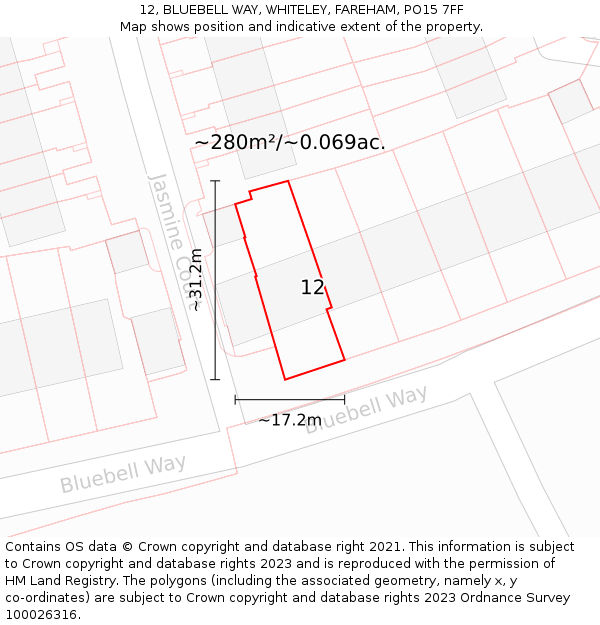 12, BLUEBELL WAY, WHITELEY, FAREHAM, PO15 7FF: Plot and title map