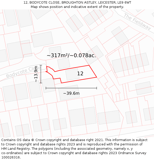 12, BODYCOTE CLOSE, BROUGHTON ASTLEY, LEICESTER, LE9 6WT: Plot and title map