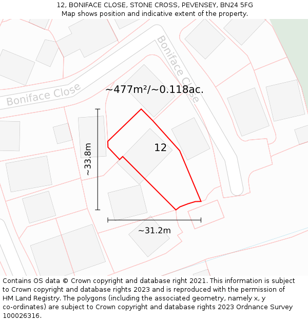 12, BONIFACE CLOSE, STONE CROSS, PEVENSEY, BN24 5FG: Plot and title map