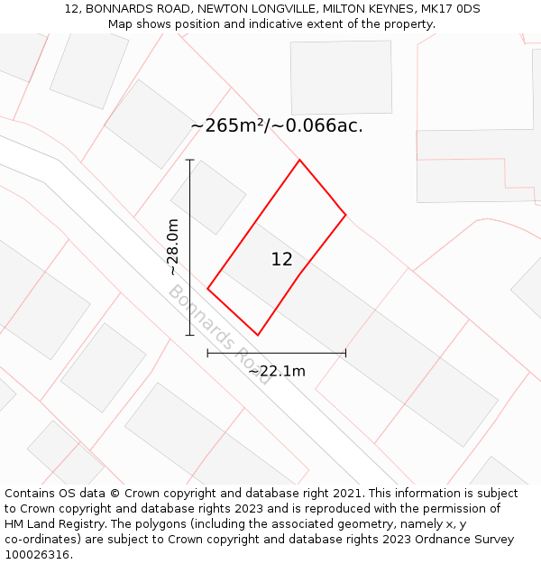 12, BONNARDS ROAD, NEWTON LONGVILLE, MILTON KEYNES, MK17 0DS: Plot and title map