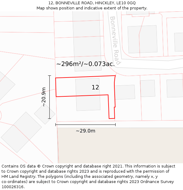 12, BONNEVILLE ROAD, HINCKLEY, LE10 0GQ: Plot and title map