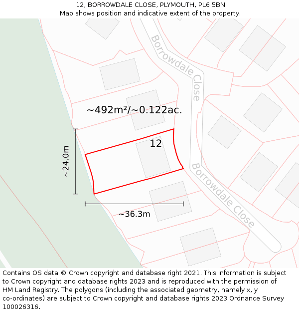 12, BORROWDALE CLOSE, PLYMOUTH, PL6 5BN: Plot and title map