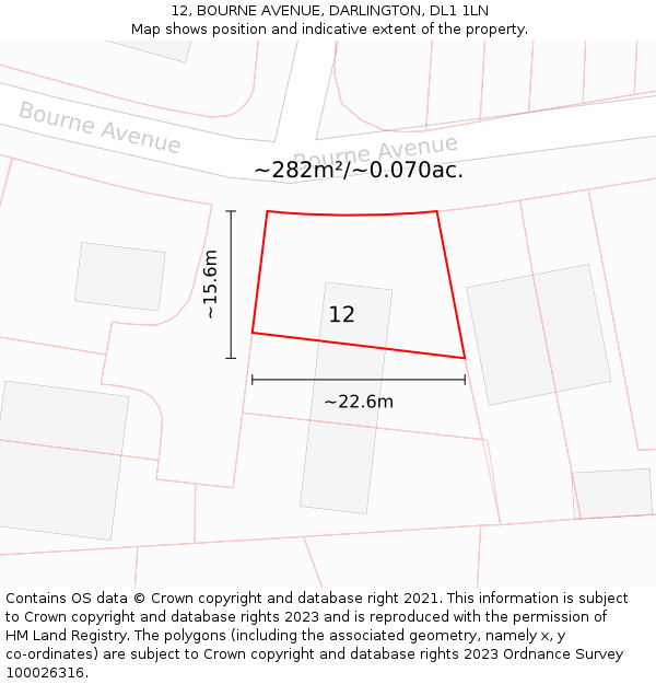 12, BOURNE AVENUE, DARLINGTON, DL1 1LN: Plot and title map