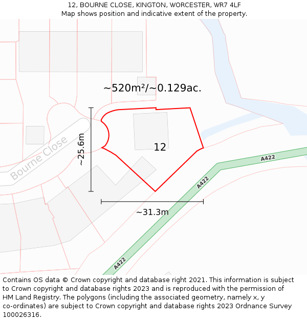 12, BOURNE CLOSE, KINGTON, WORCESTER, WR7 4LF: Plot and title map
