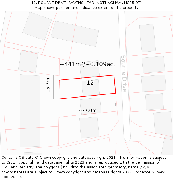 12, BOURNE DRIVE, RAVENSHEAD, NOTTINGHAM, NG15 9FN: Plot and title map