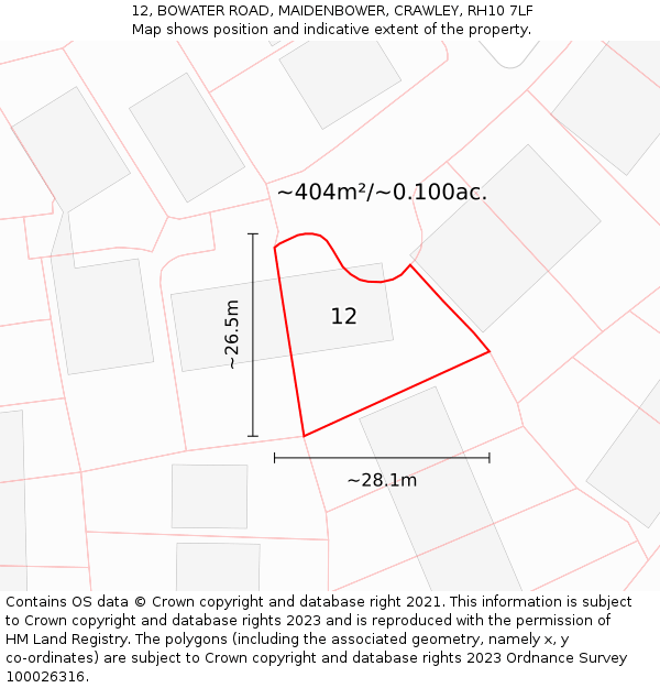 12, BOWATER ROAD, MAIDENBOWER, CRAWLEY, RH10 7LF: Plot and title map