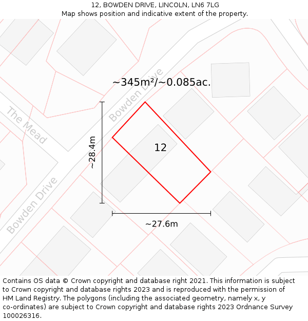 12, BOWDEN DRIVE, LINCOLN, LN6 7LG: Plot and title map