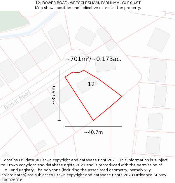 12, BOWER ROAD, WRECCLESHAM, FARNHAM, GU10 4ST: Plot and title map