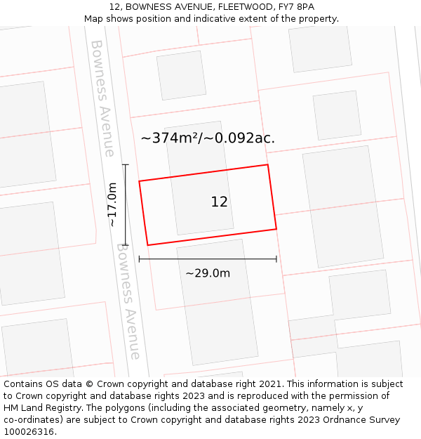 12, BOWNESS AVENUE, FLEETWOOD, FY7 8PA: Plot and title map