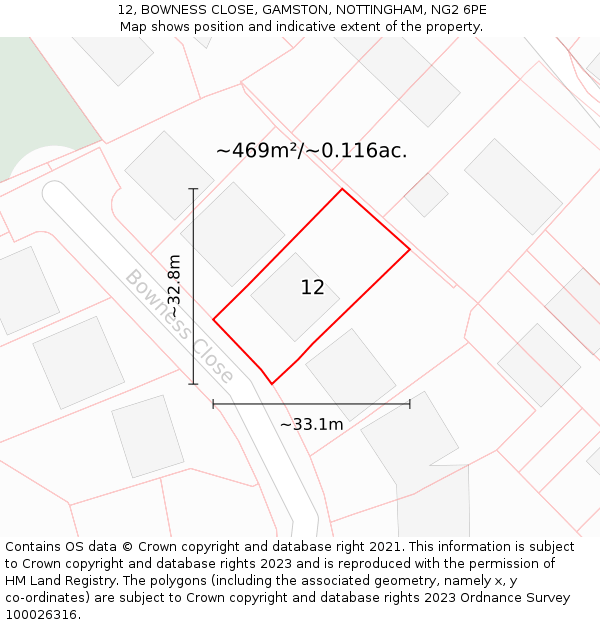 12, BOWNESS CLOSE, GAMSTON, NOTTINGHAM, NG2 6PE: Plot and title map