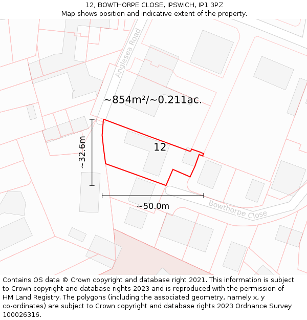 12, BOWTHORPE CLOSE, IPSWICH, IP1 3PZ: Plot and title map