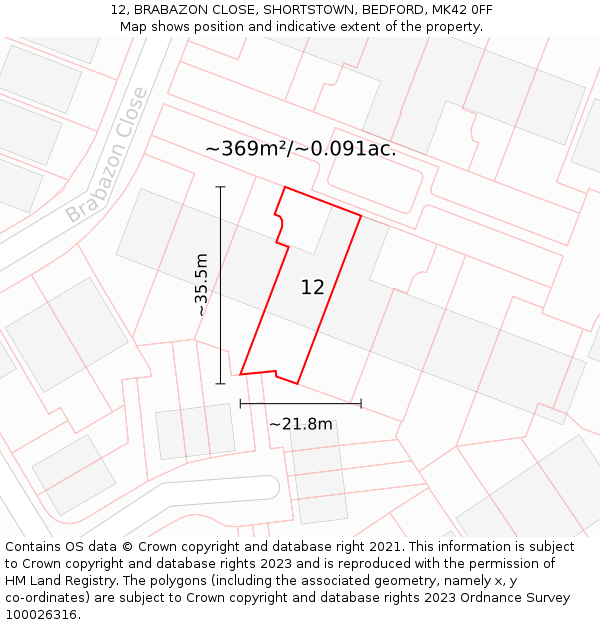 12, BRABAZON CLOSE, SHORTSTOWN, BEDFORD, MK42 0FF: Plot and title map