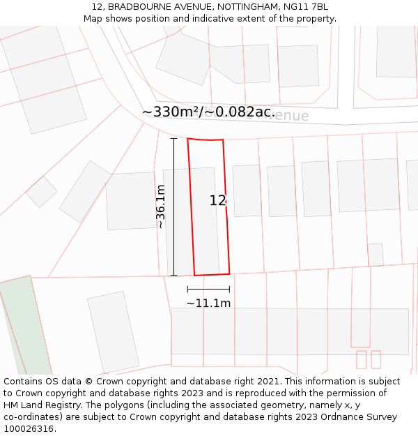 12, BRADBOURNE AVENUE, NOTTINGHAM, NG11 7BL: Plot and title map