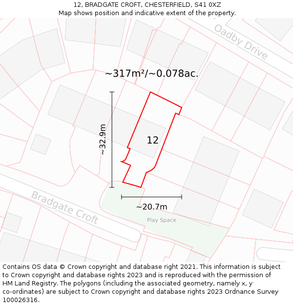 12, BRADGATE CROFT, CHESTERFIELD, S41 0XZ: Plot and title map