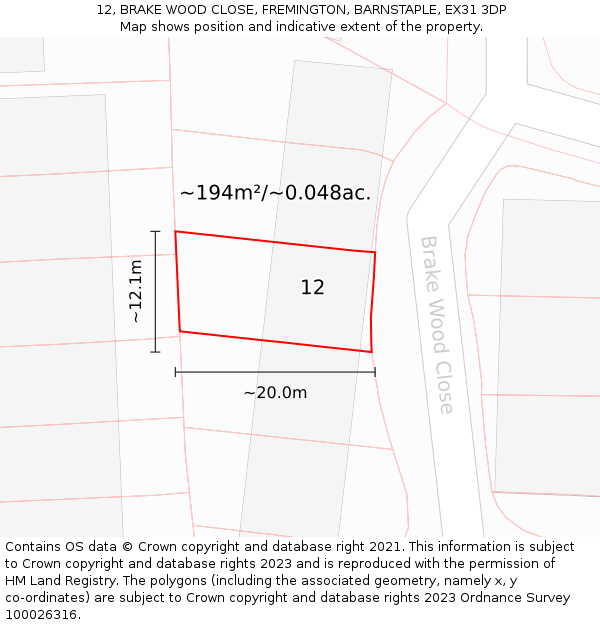 12, BRAKE WOOD CLOSE, FREMINGTON, BARNSTAPLE, EX31 3DP: Plot and title map