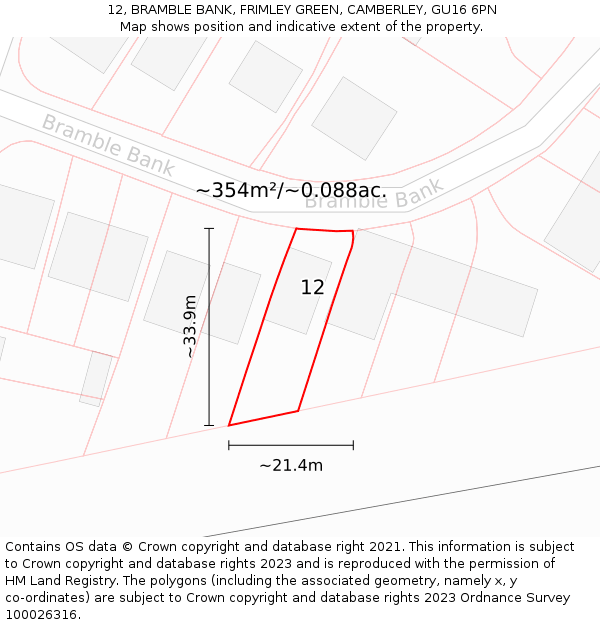 12, BRAMBLE BANK, FRIMLEY GREEN, CAMBERLEY, GU16 6PN: Plot and title map