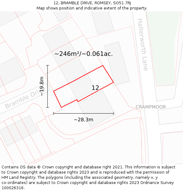 12, BRAMBLE DRIVE, ROMSEY, SO51 7RJ: Plot and title map