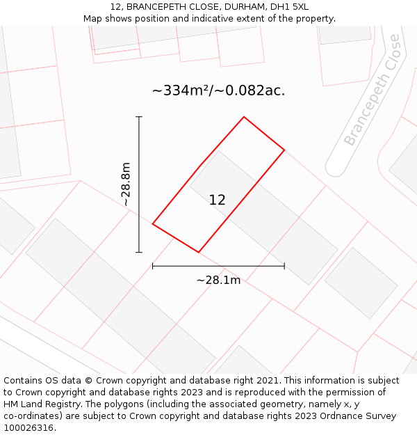 12, BRANCEPETH CLOSE, DURHAM, DH1 5XL: Plot and title map