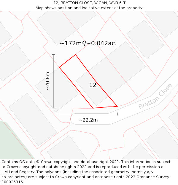 12, BRATTON CLOSE, WIGAN, WN3 6LT: Plot and title map