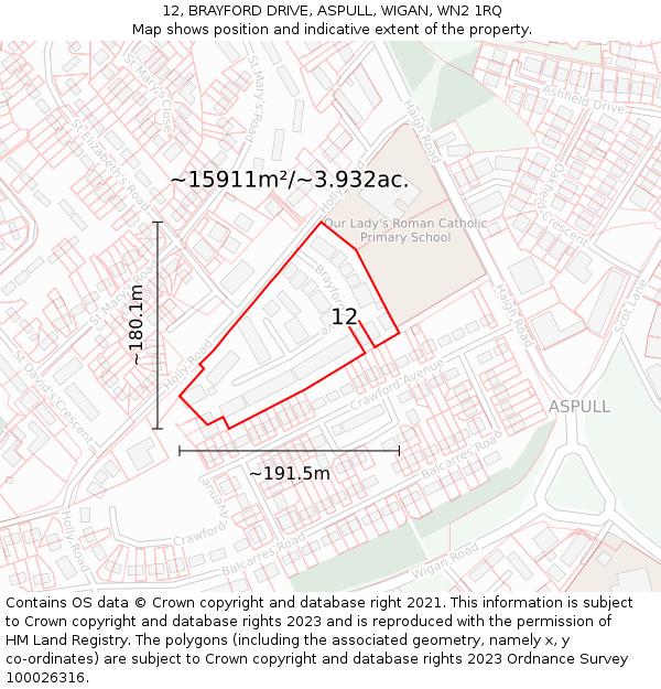 12, BRAYFORD DRIVE, ASPULL, WIGAN, WN2 1RQ: Plot and title map