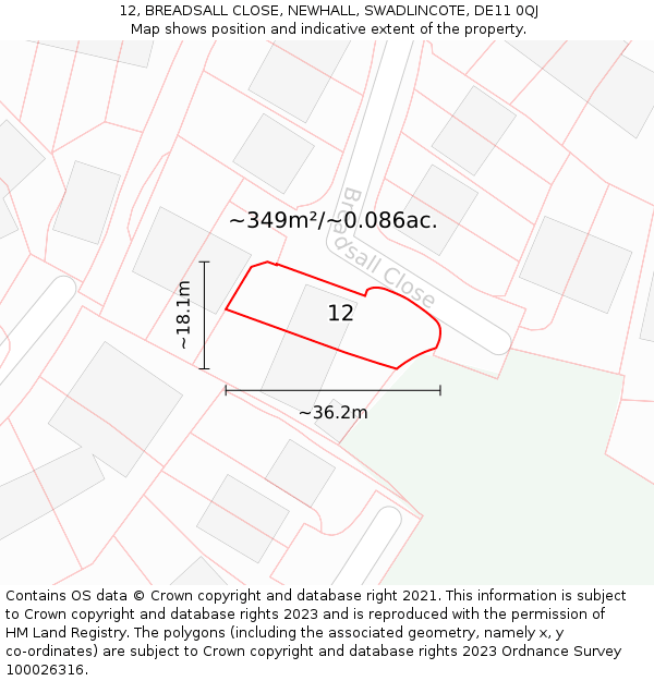 12, BREADSALL CLOSE, NEWHALL, SWADLINCOTE, DE11 0QJ: Plot and title map