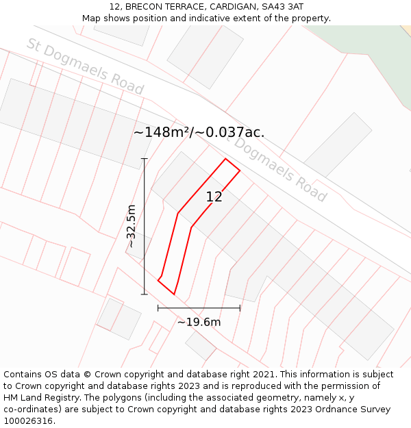 12, BRECON TERRACE, CARDIGAN, SA43 3AT: Plot and title map