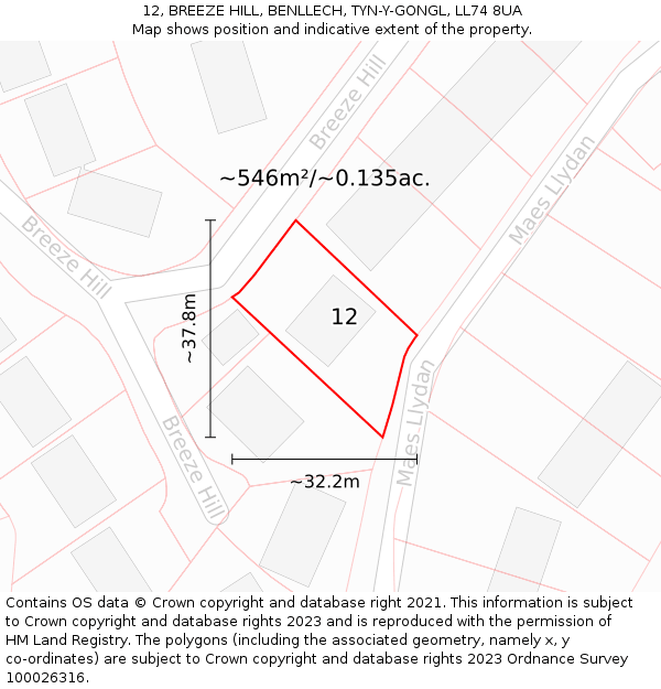 12, BREEZE HILL, BENLLECH, TYN-Y-GONGL, LL74 8UA: Plot and title map