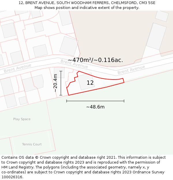 12, BRENT AVENUE, SOUTH WOODHAM FERRERS, CHELMSFORD, CM3 5SE: Plot and title map