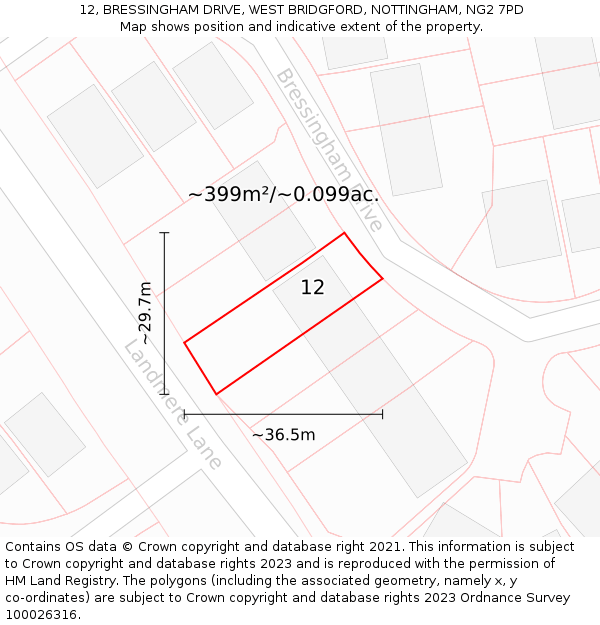 12, BRESSINGHAM DRIVE, WEST BRIDGFORD, NOTTINGHAM, NG2 7PD: Plot and title map