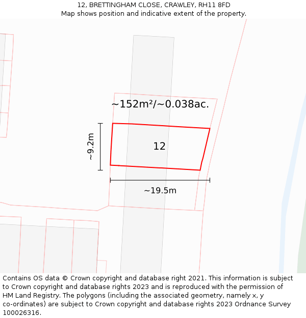 12, BRETTINGHAM CLOSE, CRAWLEY, RH11 8FD: Plot and title map