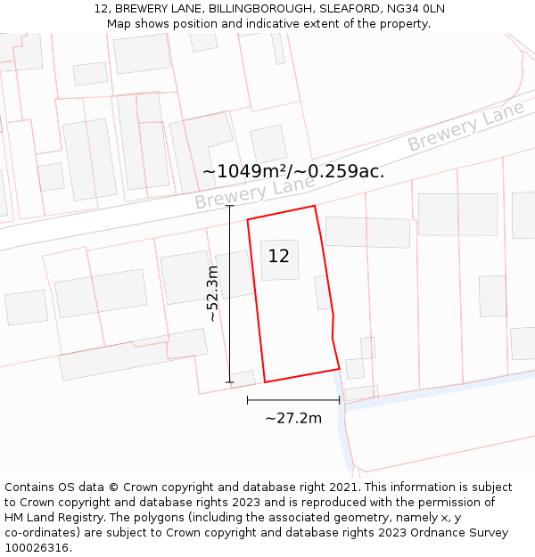 12, BREWERY LANE, BILLINGBOROUGH, SLEAFORD, NG34 0LN: Plot and title map