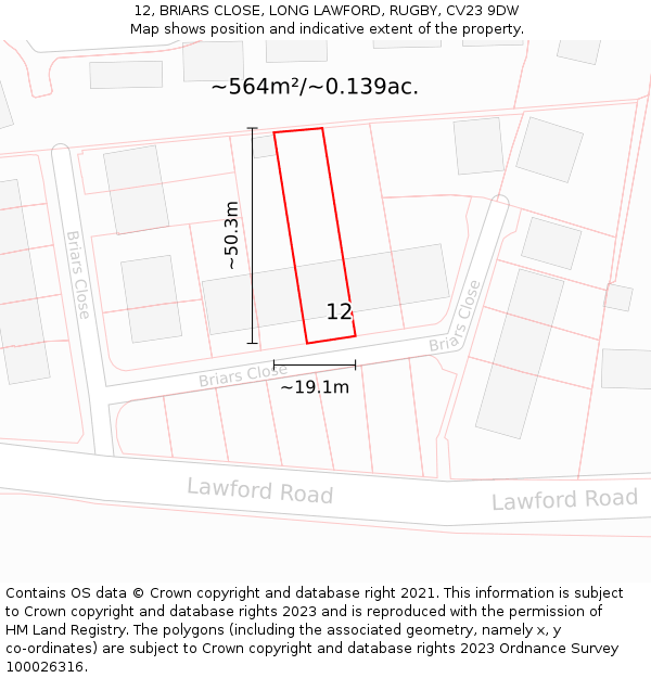 12, BRIARS CLOSE, LONG LAWFORD, RUGBY, CV23 9DW: Plot and title map