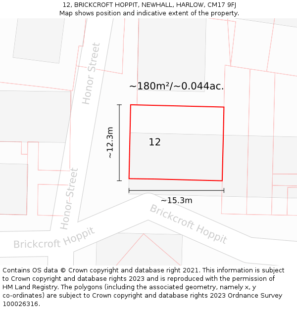 12, BRICKCROFT HOPPIT, NEWHALL, HARLOW, CM17 9FJ: Plot and title map