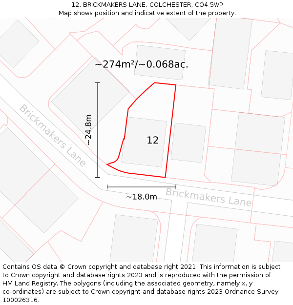 12, BRICKMAKERS LANE, COLCHESTER, CO4 5WP: Plot and title map