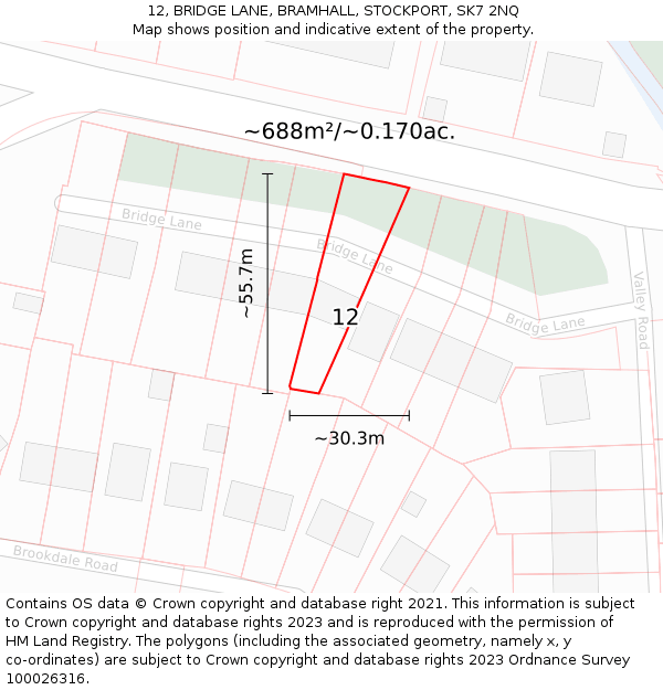 12, BRIDGE LANE, BRAMHALL, STOCKPORT, SK7 2NQ: Plot and title map