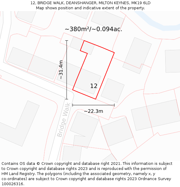 12, BRIDGE WALK, DEANSHANGER, MILTON KEYNES, MK19 6LD: Plot and title map