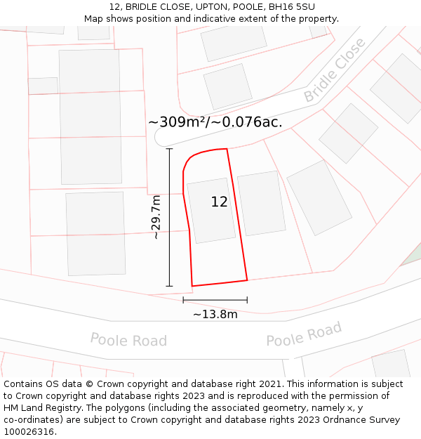 12, BRIDLE CLOSE, UPTON, POOLE, BH16 5SU: Plot and title map