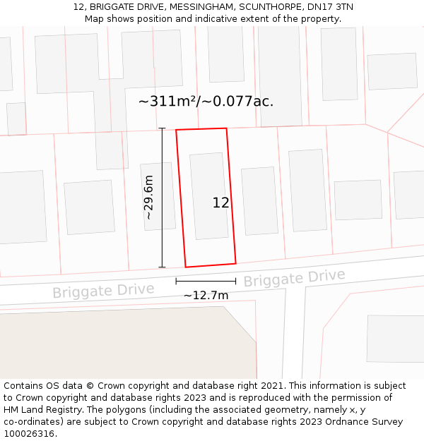 12, BRIGGATE DRIVE, MESSINGHAM, SCUNTHORPE, DN17 3TN: Plot and title map