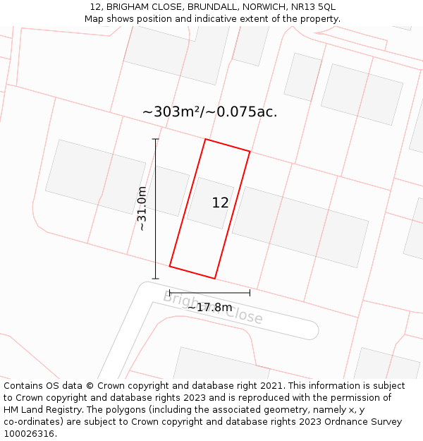 12, BRIGHAM CLOSE, BRUNDALL, NORWICH, NR13 5QL: Plot and title map